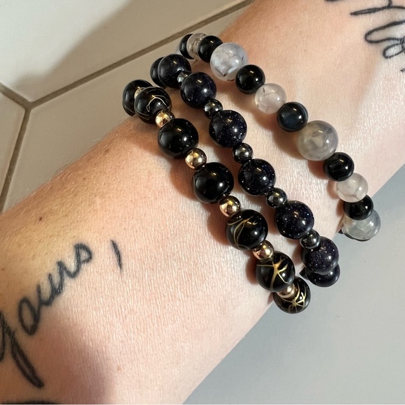 Beaded Bracelets Crystals Set Glass Black Grey Gray Sparkle - Picture 5 of 5